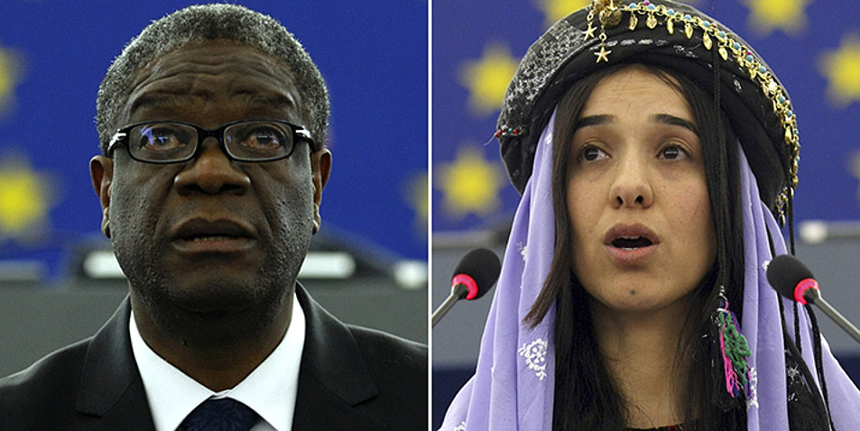 Der christliche Arzt Denis Mukwege aus der Demokratischen Republik Kongo und die Jesidin Nadia Murad. Sie hielten jeweils eine Rede vor dem Europaparlament in Straßburg. Foto: picture-alliance/AP Photo