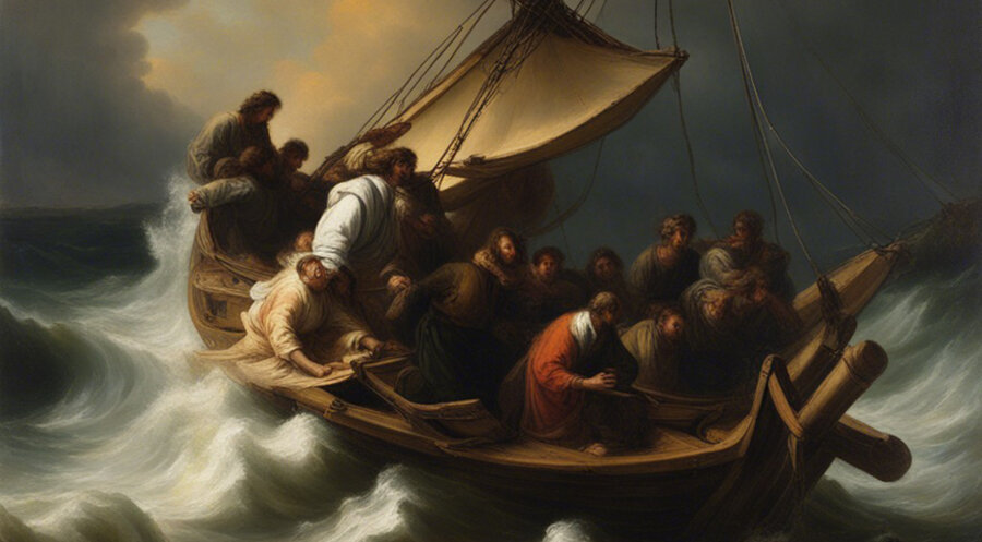 Jesus mit seinen Jüngern bei Sturm im Boot – interpretiert von einer künstlichen Intelligenz. Foto: Clipdrop by stability.ai