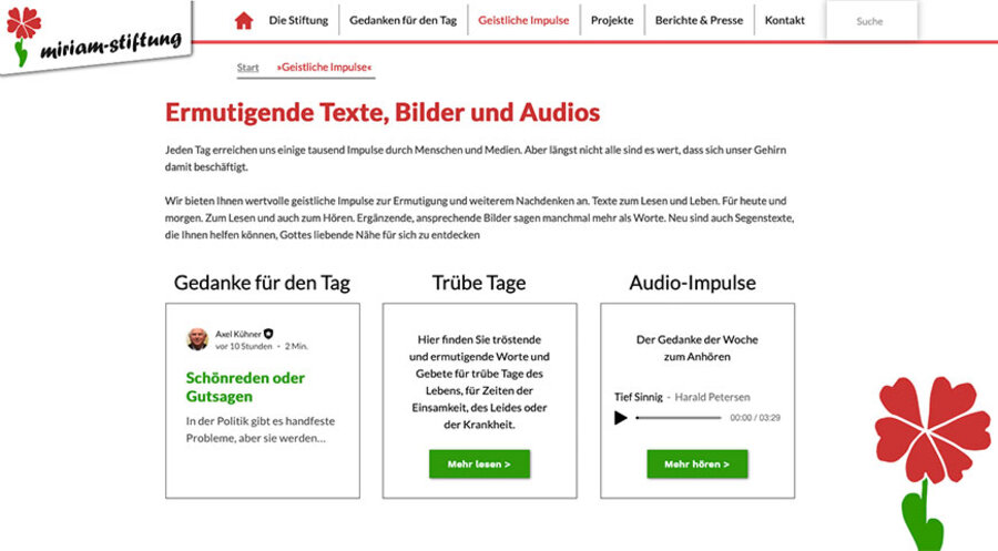 Die miriam-stiftung bietet auf ihrer Webseite fortan Kurzandachten von Alex Kühner. Screenshot: miriam-Stiftung.de