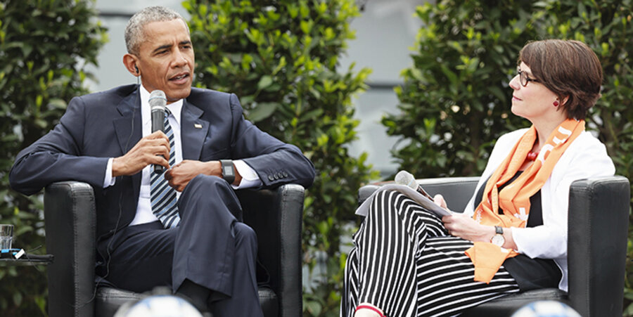 Der ehemalige US-Präsident Barack Obama und Kirchentagspräsidentin Christina Aus der Au. Foto: idea