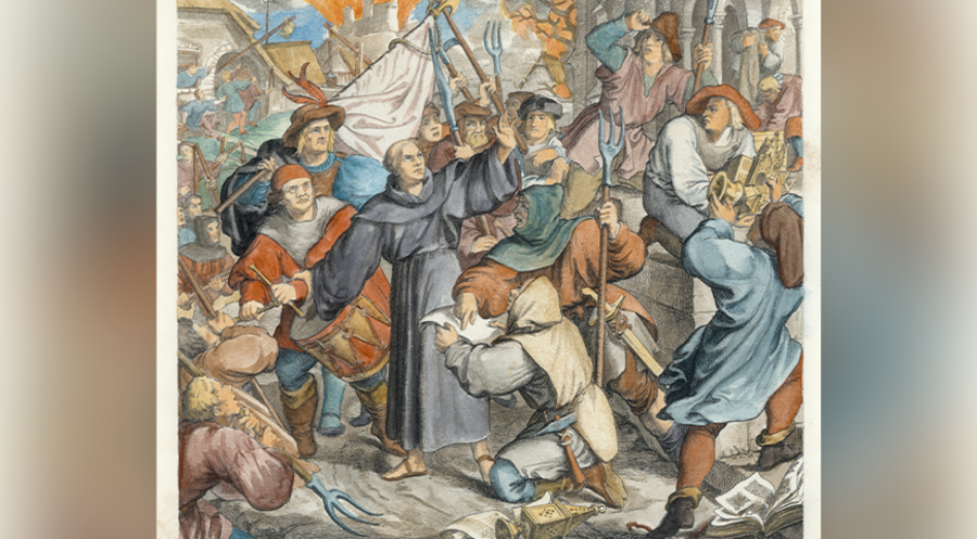 Martin Luther predigt in Seeburg gegen die Bauernkriege, dargestellt von Gustav König (1808-1869). Bild: akg-images.de
