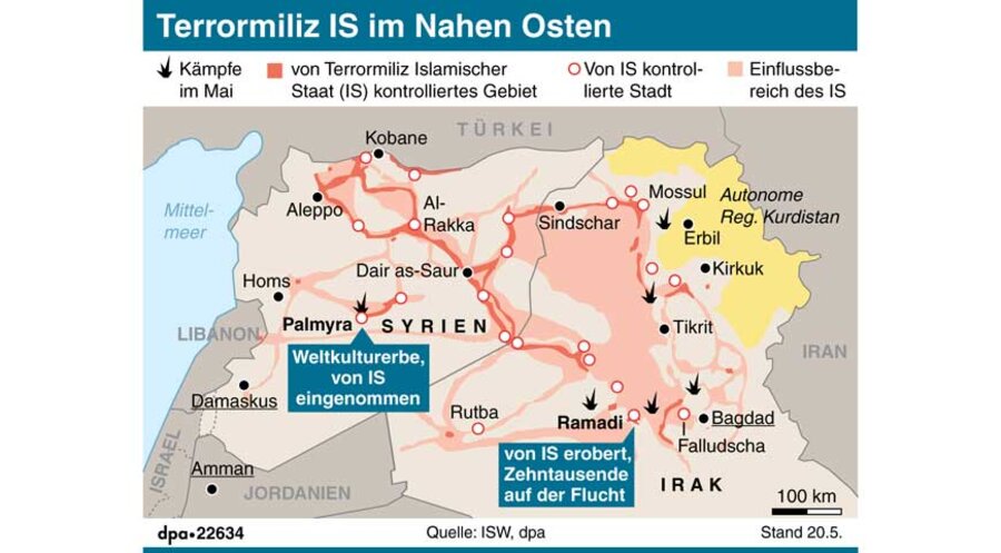 Bereits im Mai 2014 breitete sich die Terrororganisation „Islamischer Staat“ weiter aus. Foto: picture-alliance/ dpa-infografik