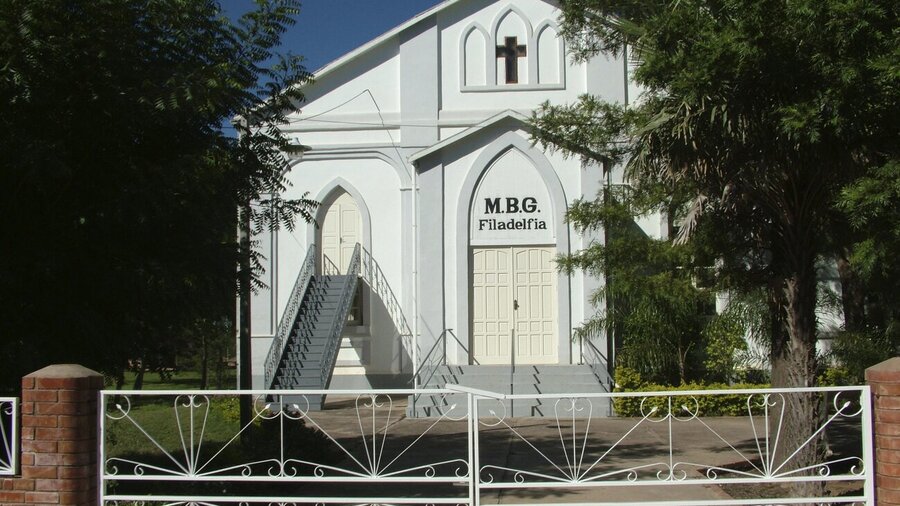 Eine Kirche der Mennonitenbrüdergemeinde in der Mennonitenkolonie Filadelfia, Paraguay. 