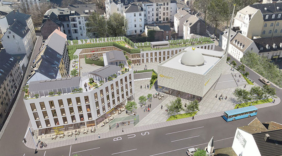 Der Entwurf für die neuen Zentralmoschee in Wuppertal: rechts die Moschee, links Gastronoomie und Wohnungen. Foto: DITIB Wuppertal-Elberfeld