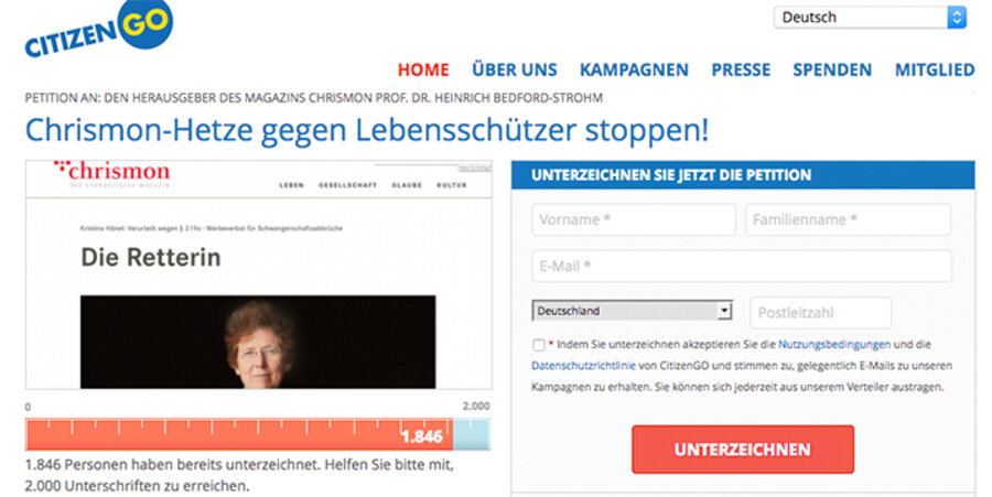 Der EKD-Ratsvorsitzende, Landesbischof Bedford-Strohm wird in der Petition gebeten, Konsequenzen zu ziehen. Screenshot: citizengo.org