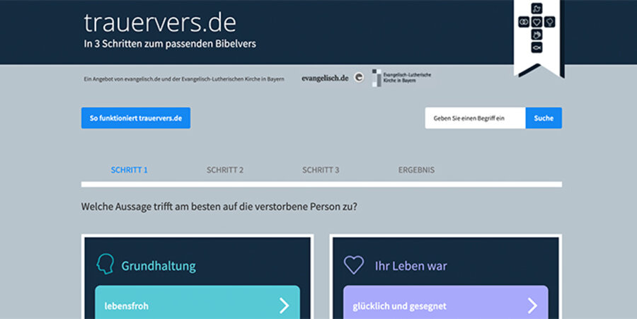 Das Portal trauervers.de soll dabei helfen, den passenden Bibelvers zum Kondolieren sowie für Traueranzeigen und -feiern zu finden. Screenshot: trauervers.de