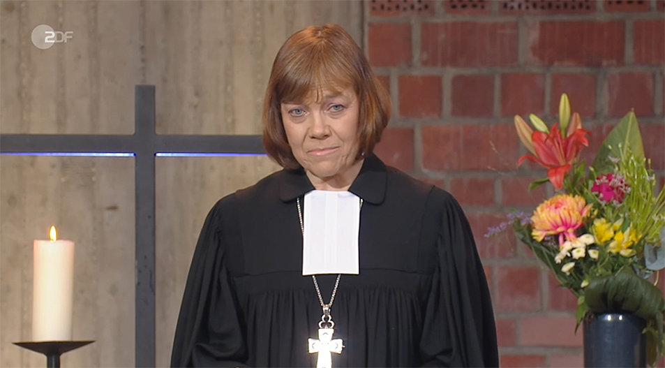 Die EKD-Ratsvorsitzende, Präses Annette Kurschus, im ZDF-Fensehgottesdienst in Bad Vilbel. Screenshot: ZDF