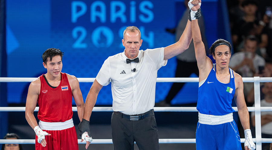 „Der respektvolle Umgang schwindet“: Imane Khelif (re.) nach ihrem Sieg gegen die Thailänderin Janjaem Suwannapheng. Foto: picture alliance Anadolu/Aytac Unal