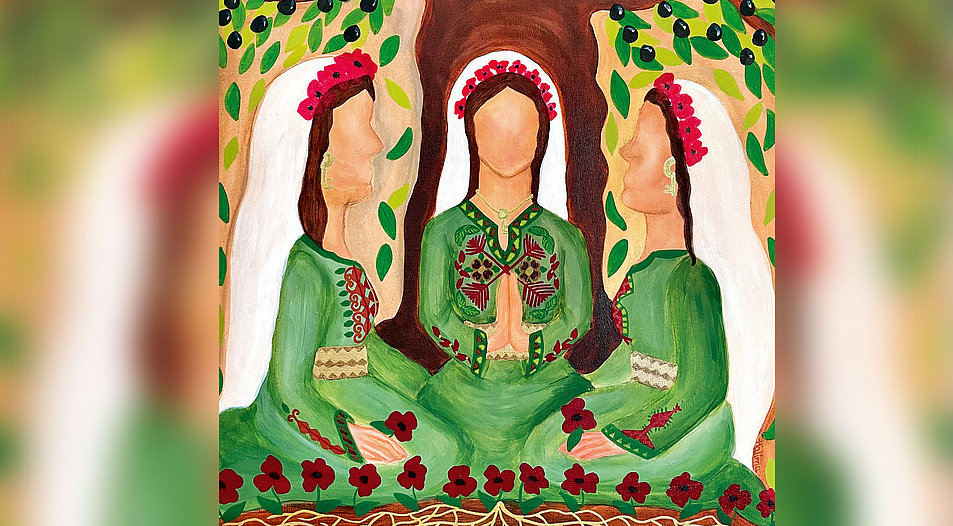 Das Titelbild der Künstlerin Halima Aziz zeigt betende palästinensische Frauen. Foto: 2022 World Day of Prayer International Committee, Inc.