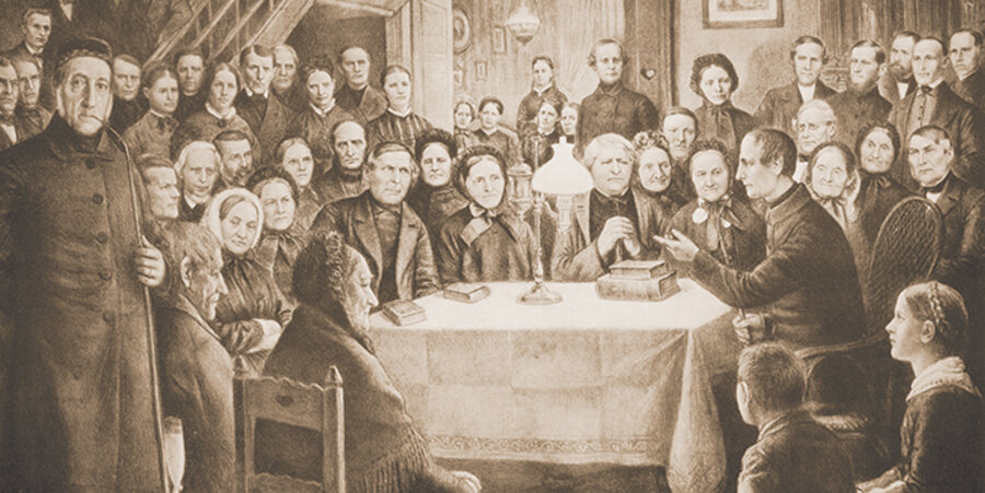 Stubenversammlung mit Pfarrer Ludwig Harms (rechts am Tisch), der maßgeblich für die Erweckung in Hermannsburg „verantwortlich“ war. Foto: ELM Niedersachsen