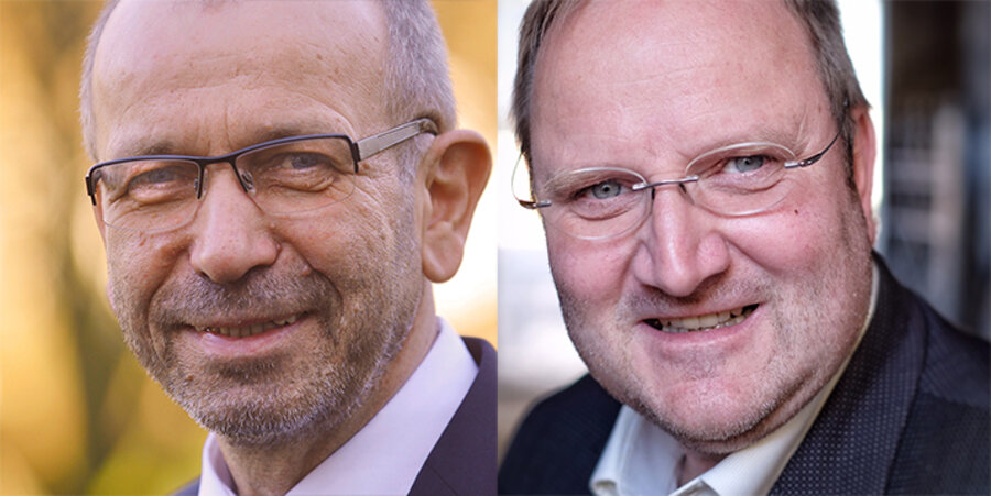v. l.: Der rheinische Präses sowie Migrationsbeauftragter der EKD, Manfred Rekowski, und Leiter der Parlamentsredaktion der „BILD“, Ralf Schuler. Fotos: Hans-Jürgen Vollrath; Martin U. K. Lengemann/WELT