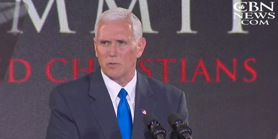 US-Vizepräsident Mike Pence auf dem „Weltgipfeltreffens zur Verteidigung verfolgter Christen“. Screenshot: CBN News