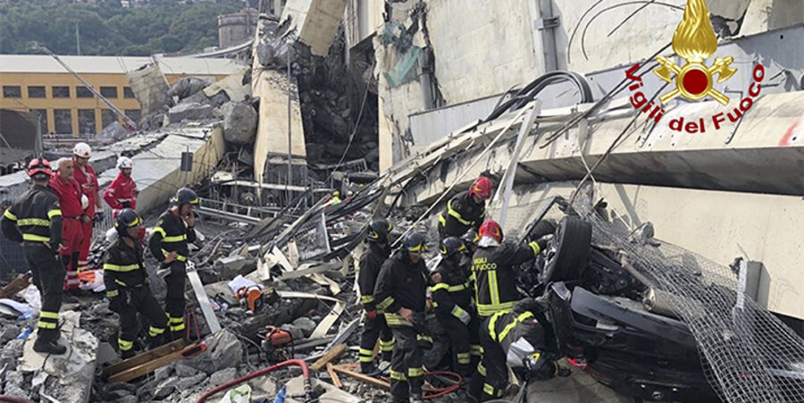 Helfer bergen Tote und Verletzte nach dem Brückeneinsturz in Genua. Foto: picture-alliance/AP Photo