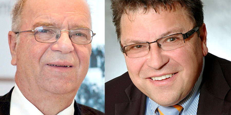 v. l.: Prof. Richard Schröder und Wolfgang Baake. Fotos: picture-alliance/ZB / PR