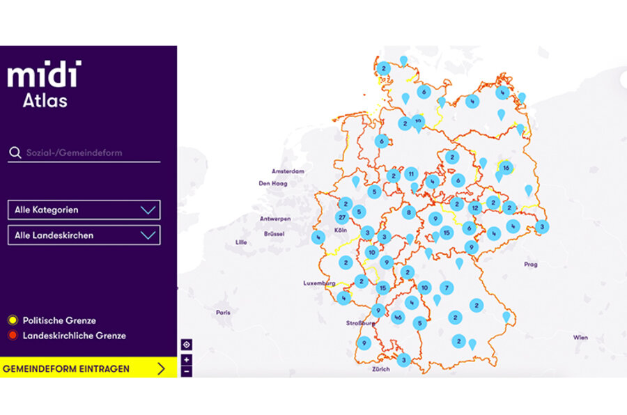 Im Atlas können verschiedenste innovative Kirchenprojekte gesucht werden. Screenshot: www.mi-di.de