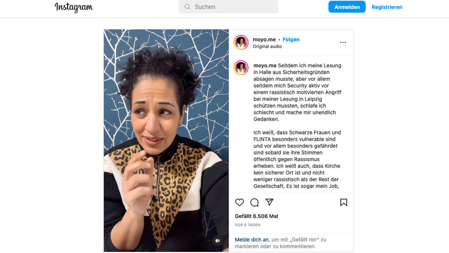 Die Theologin Sarah Vecera schildert den Übergriff auf ihrem Instrag-Account. Screenshot: Instagram/Moyo.me