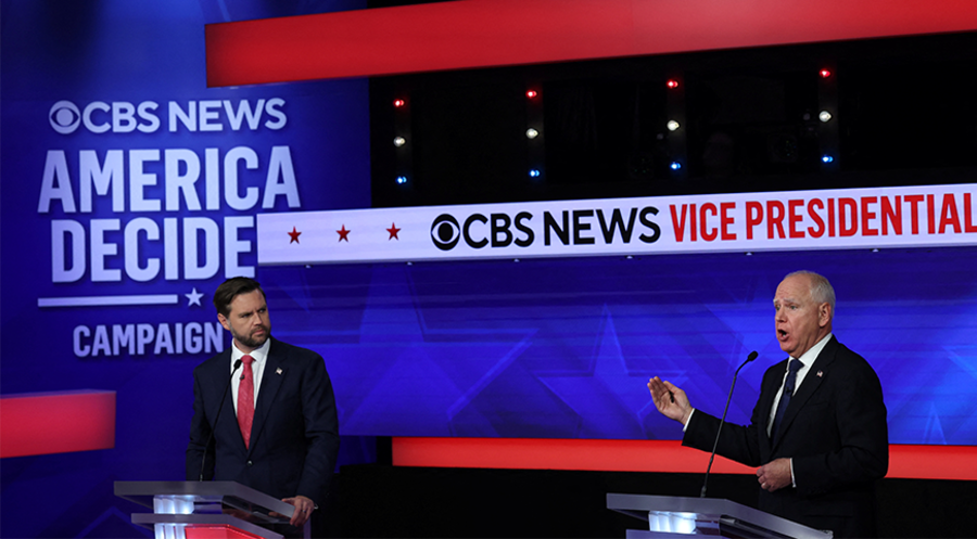 Die Präsidentschaftswahlen am 5. November im Blick: Das TV-Duell der US-Vizekandidaten Vance und Walz. Foto: picture alliance/REUTERS/Mike Segar