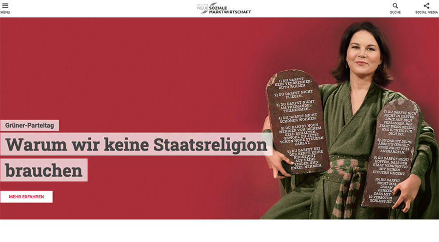 Das Anzeigenmotiv knüpft an die biblischen „Zehn Gebote“ an (2. Buch Mose 20; 5. Buch Mose 5). Foto: www.insm.de