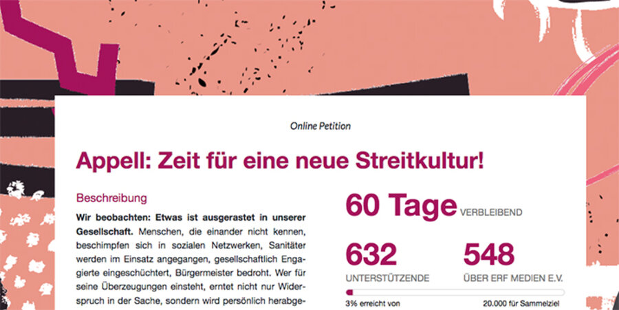 Herzstück der Initiative ist eine Online-Petition, mit der sich die Unterstützer im Sinne einer Selbstverpflichtung für eine neue Streitkultur einsetzen können. Screenshot: erf.de