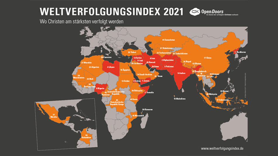 In diesen Ländern werden Christen am stärksten verfolgt. Grafik: Open Doors