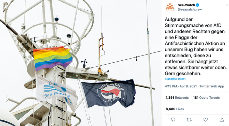 Der Tweet von „Sea-Watch“ am 8. April. Screenshot: Twitter/Seawatchcrew