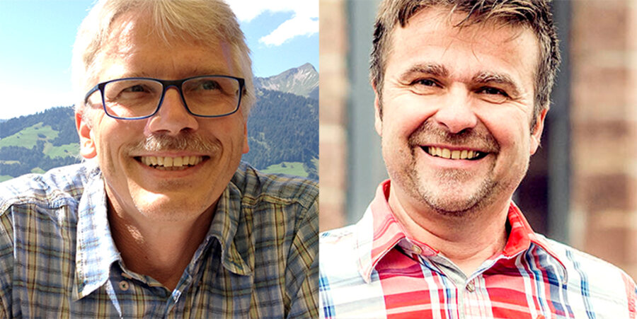 v. l.: Der Schrift- und Verlagsleiter des Bibelbundes, Thomas Jeising, und der Pastor der evangelischen Freikirche ICF Karlsruhe, Steffen Beck. Fotos: Privat; ICF Karlsruhe