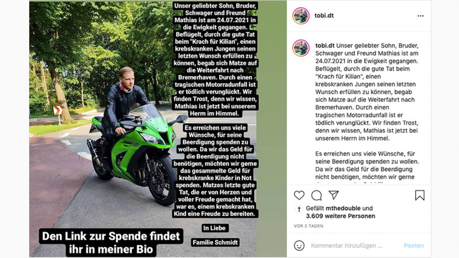 Der Bruder von Mathias Schmidt äußerte sich zum Tod seines Zwillingsbruders auf Instagram. Screenshot: Instagram/Tobias.dt