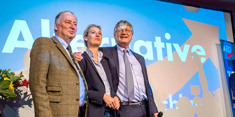 v. l.: Die AfD-Politiker Alexander Gauland, Alice Weidel und Jörg Meuthen. Foto: picture-alliance/Jens Büttner/dpa