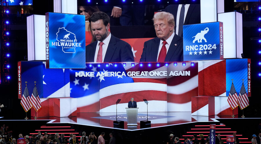 Hinter dem Stehpult: Franklin Graham sprach auf dem Parteitag der Republikaner – James David (J.D.) Vance und Donald Trump beten.
Foto: picture alliance / ASSOCIATED PRESS | J. Scott Applewhite