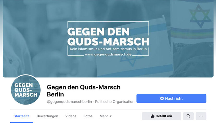 Der Facebook-Auftritt des Bündnisses „Gegen den Quds-Marsch“. Foto: Facebook/ Gegen den Quds-Marsch Berlin