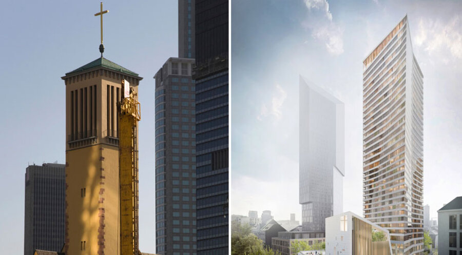 Die Matthäuskirche (links) soll abgerissen und durch einen modernen Neubau ersetzt werden. Fotos: picture alliance / imageBROKER | Karl-Heinz Spremberg; meixner-schlueter-wendt.de