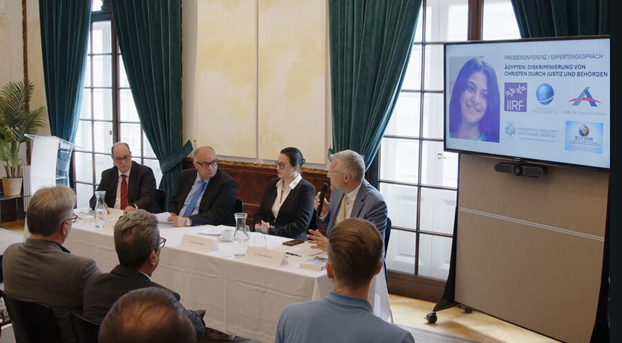 v.l.: Bei der Pressekonferenz waren Medhat Klada, Mina Ghattas, Gudrun Kugler und Felix Böllmann in Wien vor Ort. Martin Lessenthin und Prof. Thomas Schirrmacher waren digital zugeschaltet. Screenshot: Zoom/ADF International