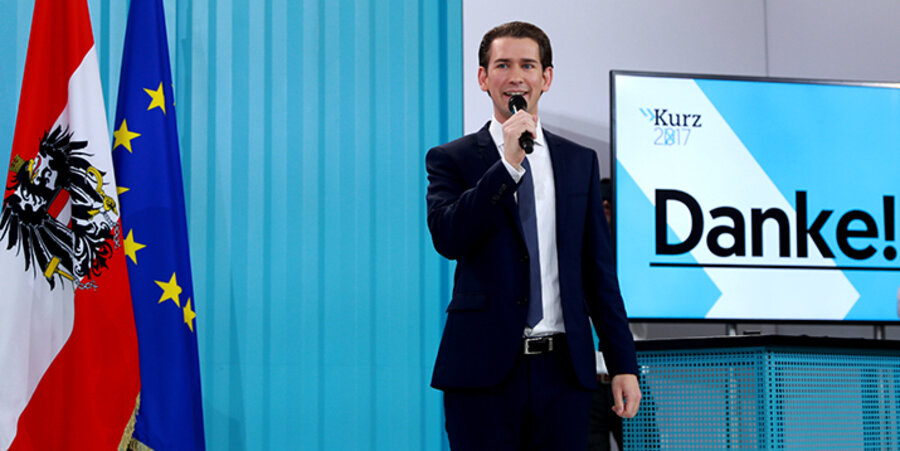 Der bisherige Außenminister Sebastian Kurz bedankt sich bei den Unterstützern seiner konservativen Österreichischen Volkspartei (ÖVP), nachdem sie die Nationalratswahl in Österreich gewonnen hat. Foto: picture-alliance/Photoshot