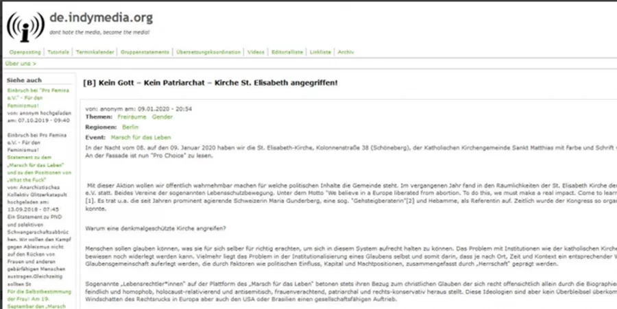 Ein anonymes Bekennerschreiben wurde am 9. Januar auf der linksradikalen Plattform „de.indymedia.org“ veröffentlicht. Screenshot: de.indymedia.org