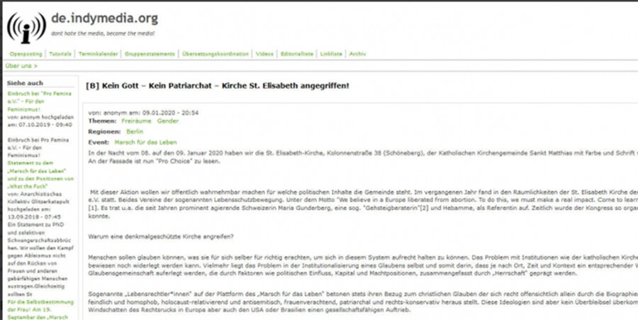 Ein anonymes Bekennerschreiben wurde am 9. Januar auf der linksradikalen Plattform „de.indymedia.org“ veröffentlicht. Screenshot: de.indymedia.org