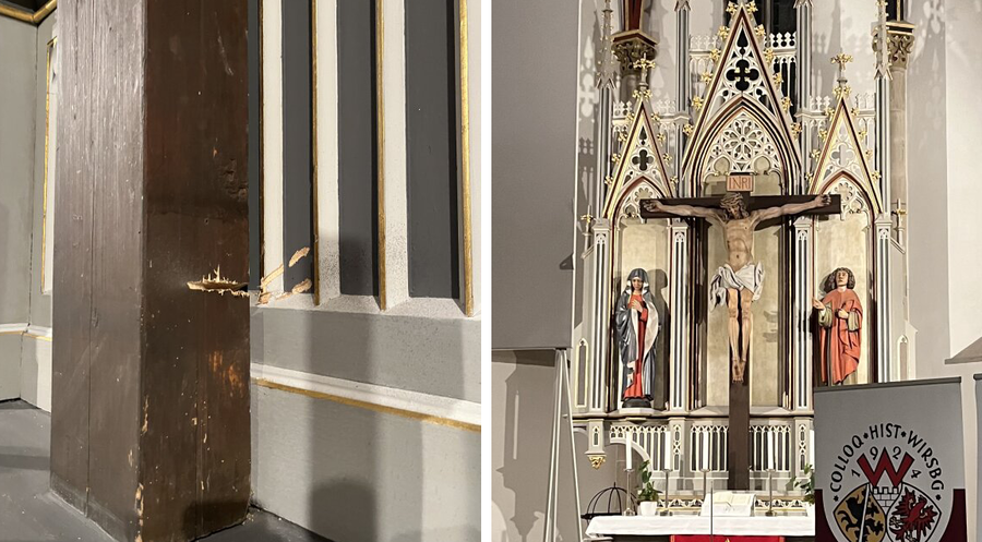 Das angesägte Holzkreuz (li.) in der Stadtkirche „Peter und Paul“. Fotos: Polizeipräsidium Oberfranken