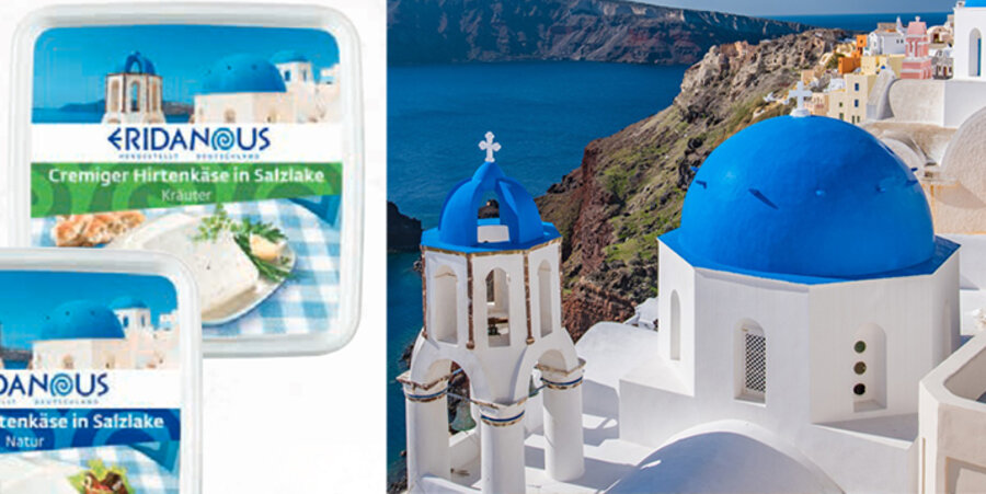 Auf den Verpackungen der Eigenmarke „Eridanous“ mit griechischen Produkten (links) wurden die weißen Kreuze auf der Kuppel wegretuschiert. Fotos: Lidl.de, pixabay.com