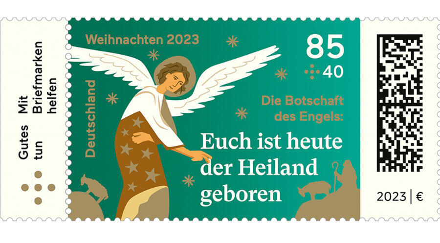 Inspirationsquelle für das Motiv der jetzigen Weihnachtsmarke ist die reich mit Gold verzierte Miniatur der „Verkündigung an die Hirten“ aus dem Perikopenbuch Heinrichs II. Foto: Bundesfinanzministerium