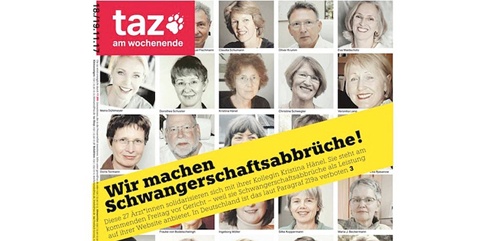 Die Wochenendausgabe der linksalternativen Tageszeitung taz befasst sich mit dem gesetzlich festgeschriebenen Werbeverbot für Abtreibungen. Screenshot: taz
