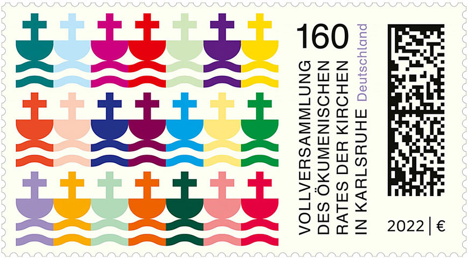 Die Sonderbriefmarke erscheint am 4. August anlässlich der Vollversammlung des Weltkirchenrates. Grafik: Luzia Hein