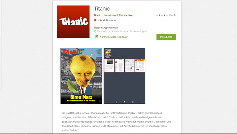 Die App des Satiremagazins "Titanic" ist bei Google Play wieder verfügbar. Screenshot: play.google.com