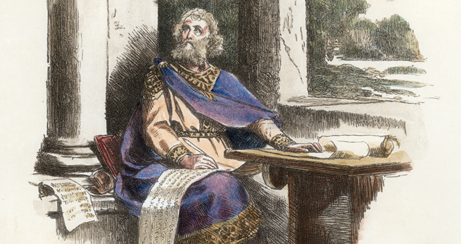 Wulfila beim Übersetzen der Bibel (gemalt von Wilhelm Linidenschmit dem Jüngeren): „Vierzig Jahre lang wirkte er segensreich durch die apostolische Gnade in seinem Bischofsamt“ 