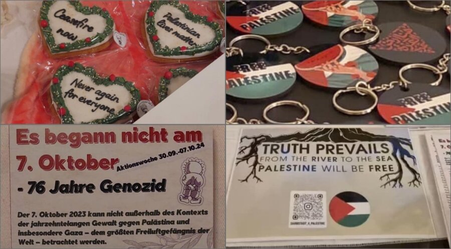 Tobias Huch veröffentlichte Fotos, auf denen u.a. Schriften mit der Parole „From the river to the sea, palestine will be free“ zu sehen sind. Foto: Honestly Concerned e. V.