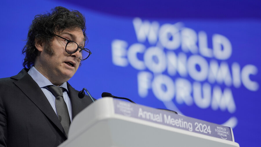 Der argentinische Präsident, Javier Milei, bei seiner Rede in Davos. Foto: picture alliance / ASSOCIATED PRESS | Markus Schreiber