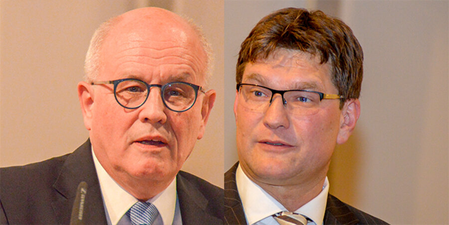 V.l.: Der Vorsitzende der CDU/CSU-Bundestagsfraktion, Volker Kauder, und der Beauftragte der Deutschen Evangelischen Allianz in Berlin, Uwe Heimowski. Fotos: EmK-Öffentlichkeitsarbeit, Frankfurt am Main, Deutschland