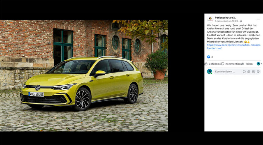 Der Verein Perlenschatz kann sich von dem gespendeten Geld einen VW Golf Varaiant kaufen. Screenshot: Facebook/Perlenschatz e. V.