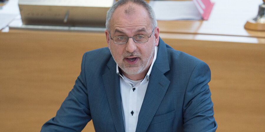 Der Fraktionsvorsitzende der Partei Die Linke, Rico Gebhardt, im sächsischen Landtag. Foto: picture-alliance/Sebastian Kahnert/dpa