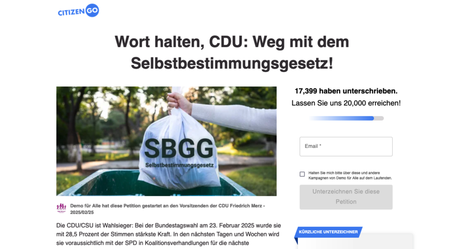 Bereits über 17.000 Menschen unterzeichneten die Petition auf der Plattform CitizenGo. Screenshot: citizengo.org
