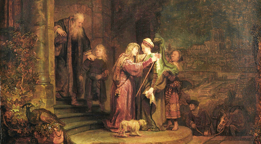 Die Begegnung zwischen Elisabeth und Maria, der Mutter Jesu, dargestellt von Rembrandt. Im Hintergrund kommt Zacharias die Treppe hinab. 