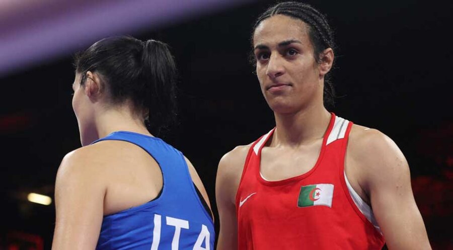 Die algerische Sportlerin Imane Khelif (rechts) und die Italienerin Angela Carini. Foto: picture alliance / REUTERS | Isabel Infantes
